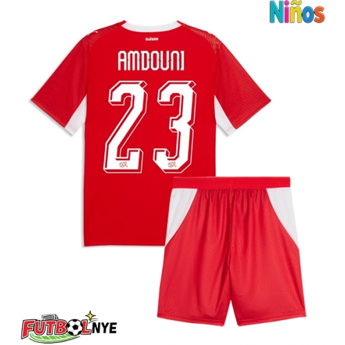 Camiseta Suiza Zeki Amdouni #23 Primera Equipación para niños Mundial 2026 manga corta (+ pantalones cortos)